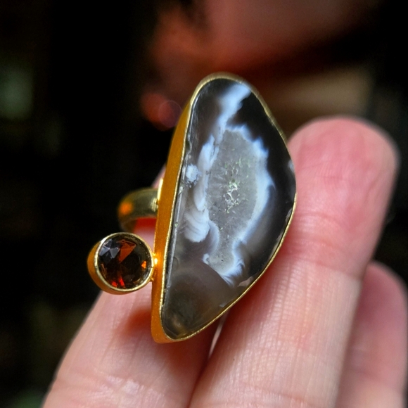 Agate & citrine sterling & gold brushed Ring sz7 adjustable open design - Picture 1 of 9
